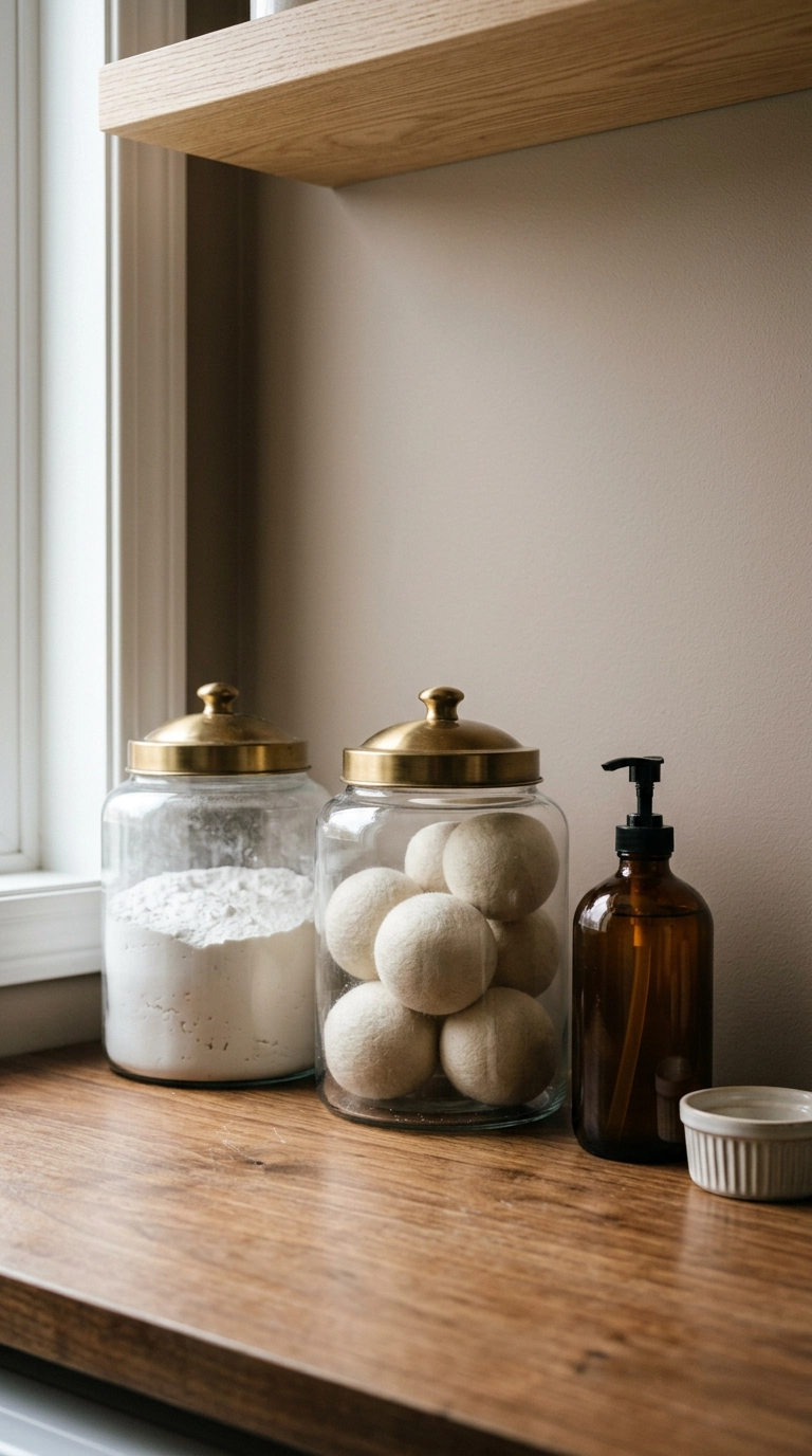 Clear glass jars and an amber pump bottle holding detergent on a walnut laundry closet counter