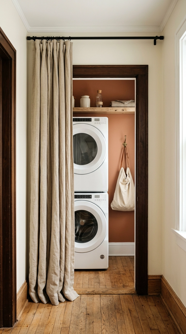 Linen curtain on a black rod replacing bifold doors on a laundry closet
