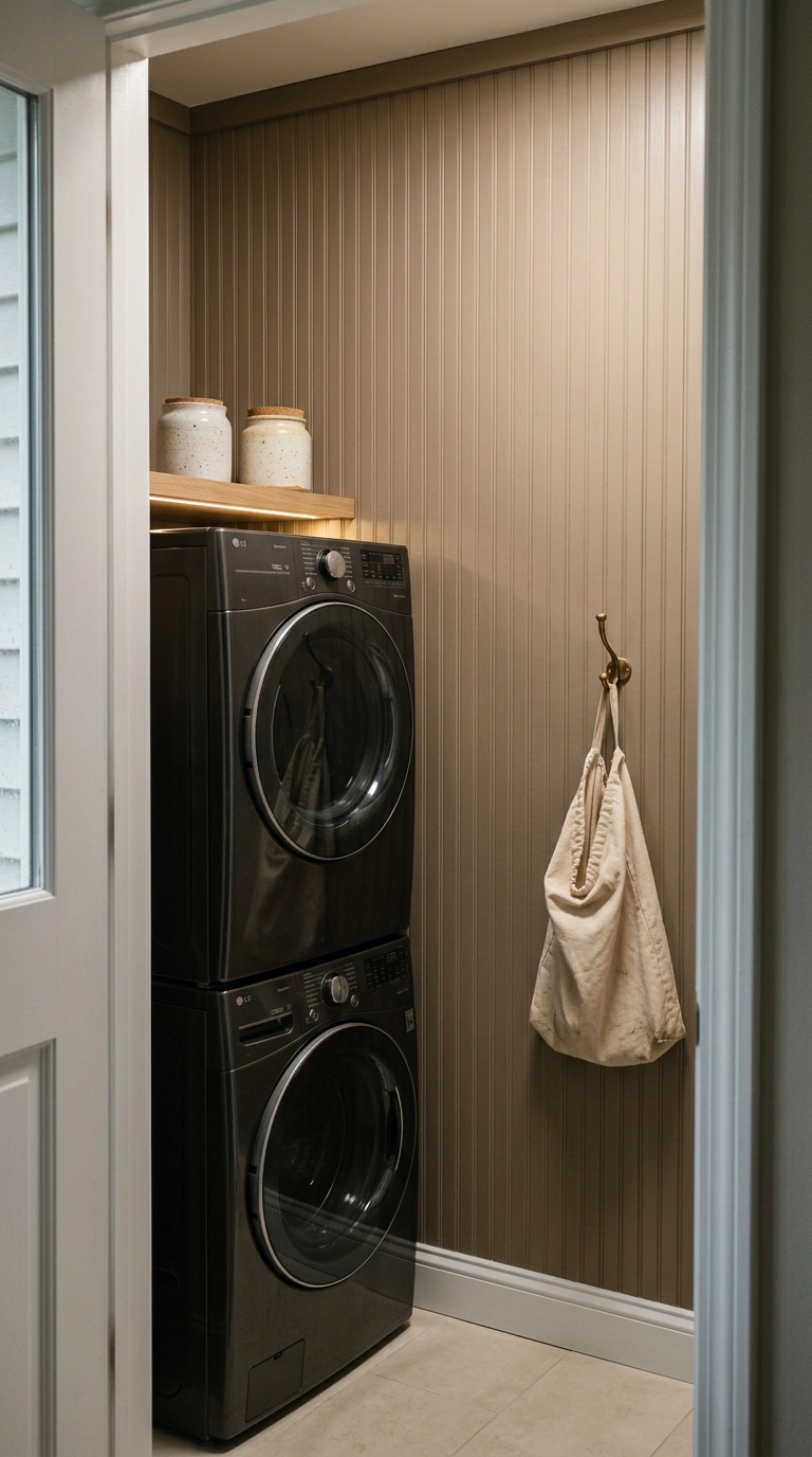 Mushroom-taupe beadboard paneling on the back wall of a laundry closet behind a stacked washer and dryer