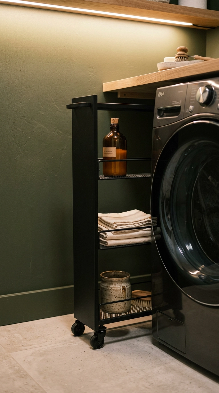 Narrow black rolling cart pulled out from the gap beside a washer in a laundry closet