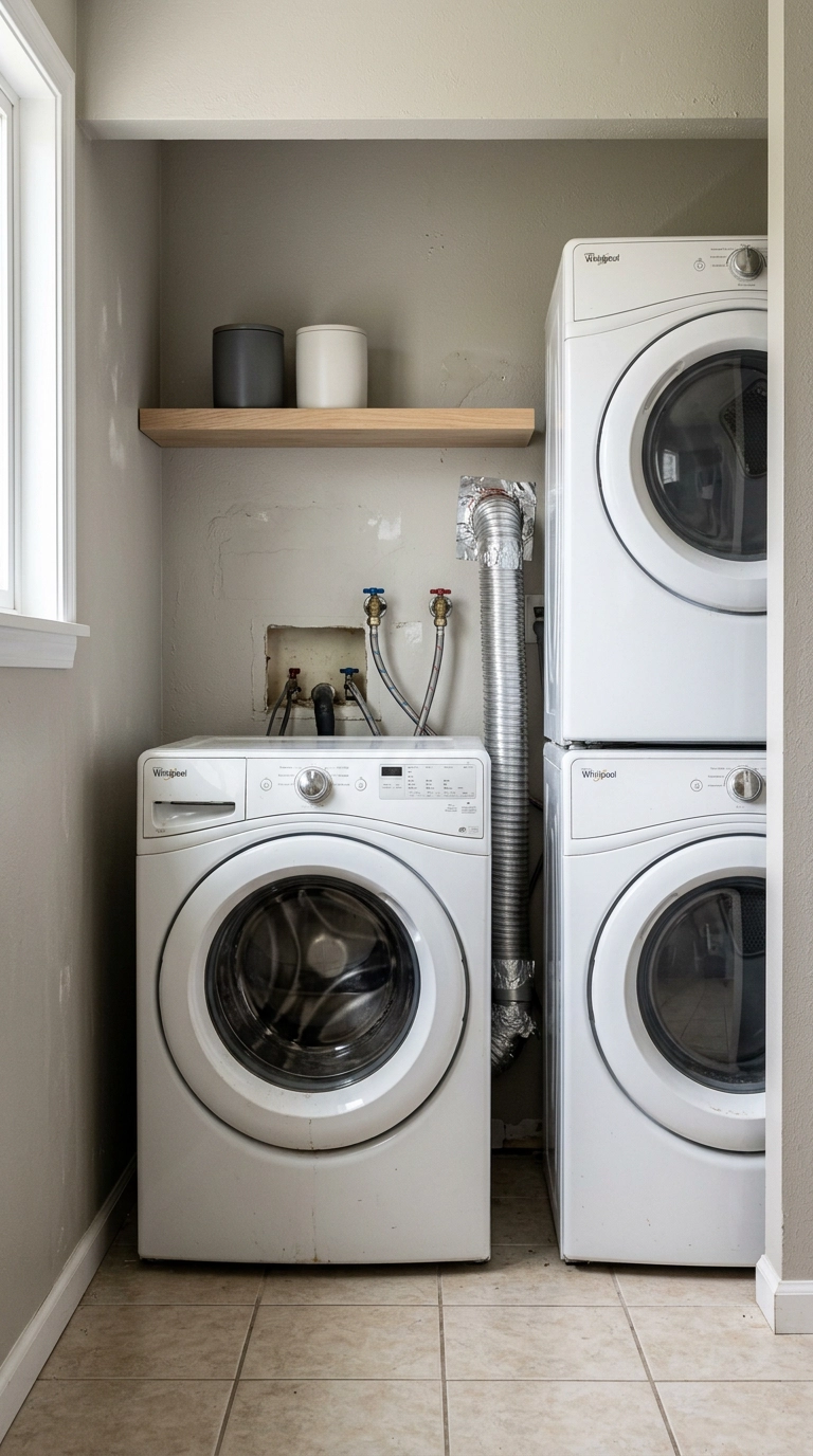 Dryer vent duct and braided water supply hoses with shutoff valves behind a laundry closet machine