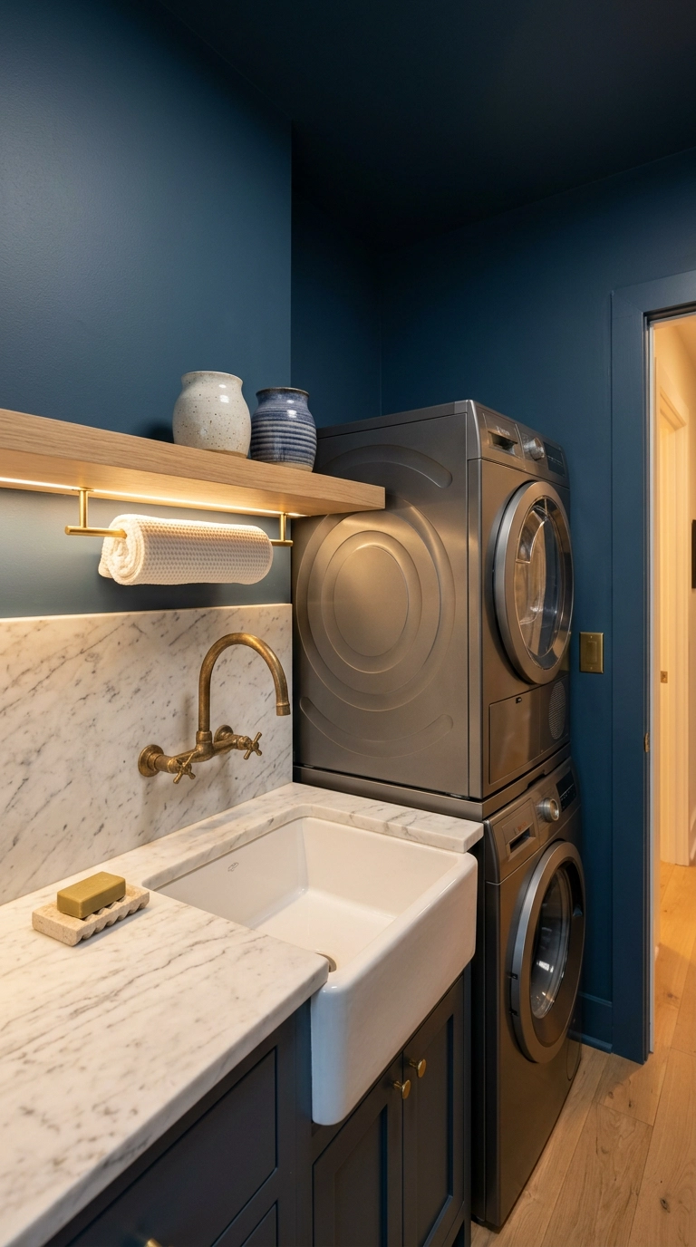 Narrow white fireclay utility sink with a brass faucet beside a stacked washer and dryer in a blue laundry closet