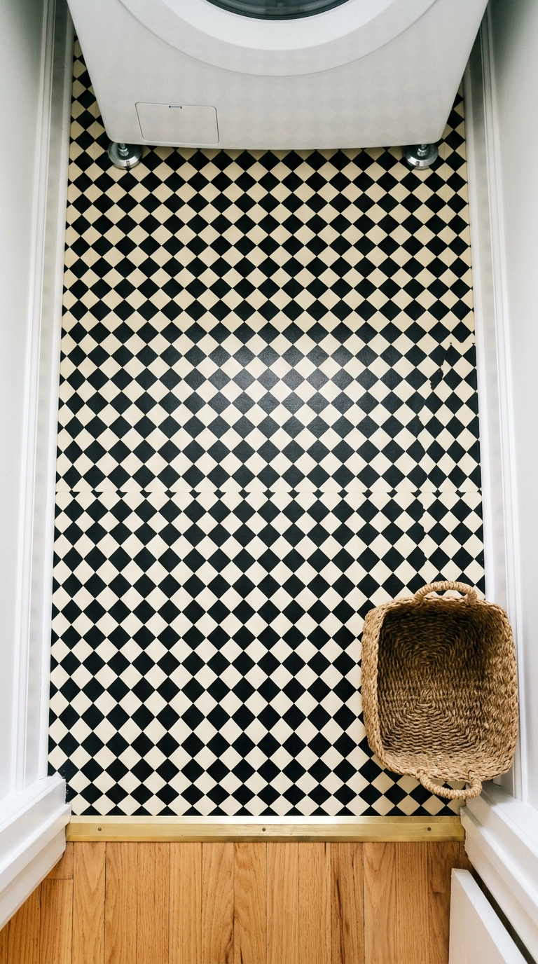 Black and cream checkerboard peel-and-stick tile floor in a laundry closet seen from above