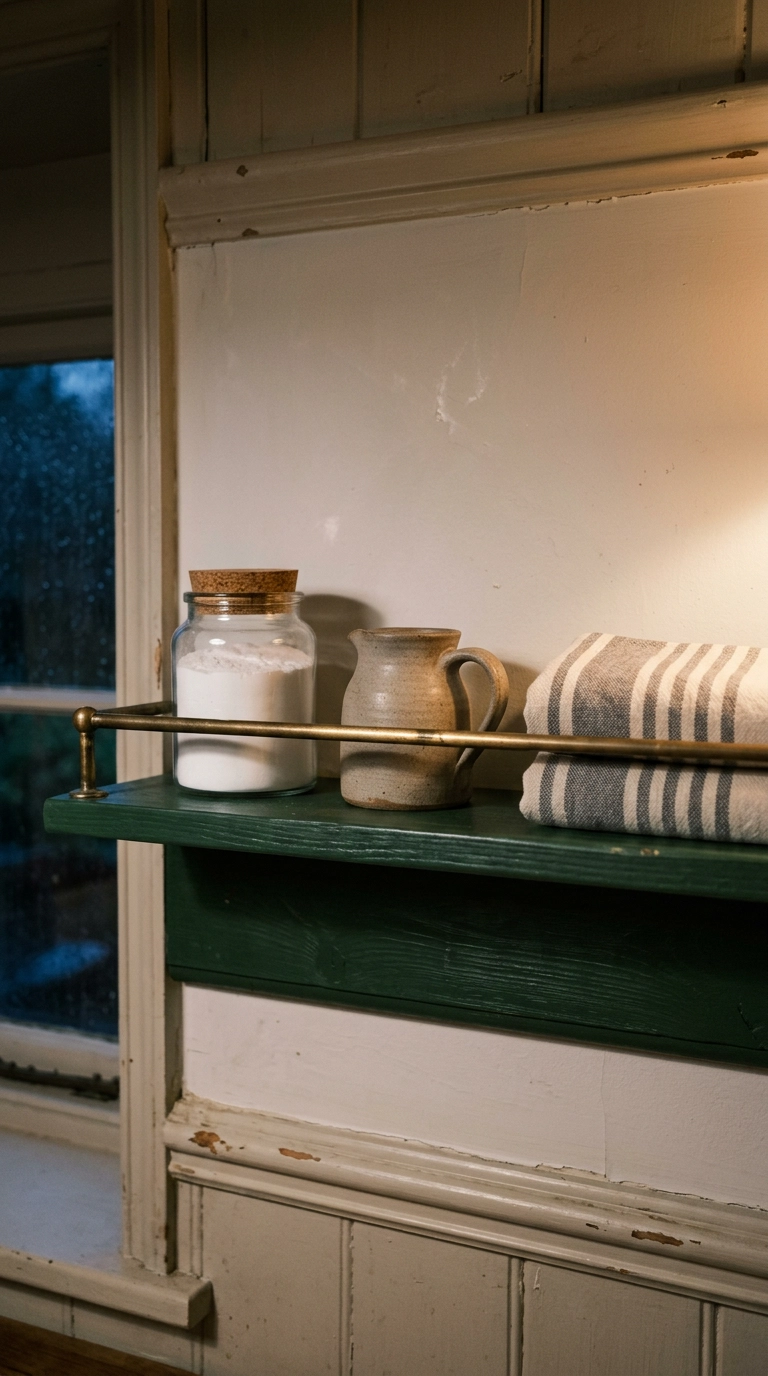 Deep green laundry shelf with a slim brass rail along the front edge holding three objects