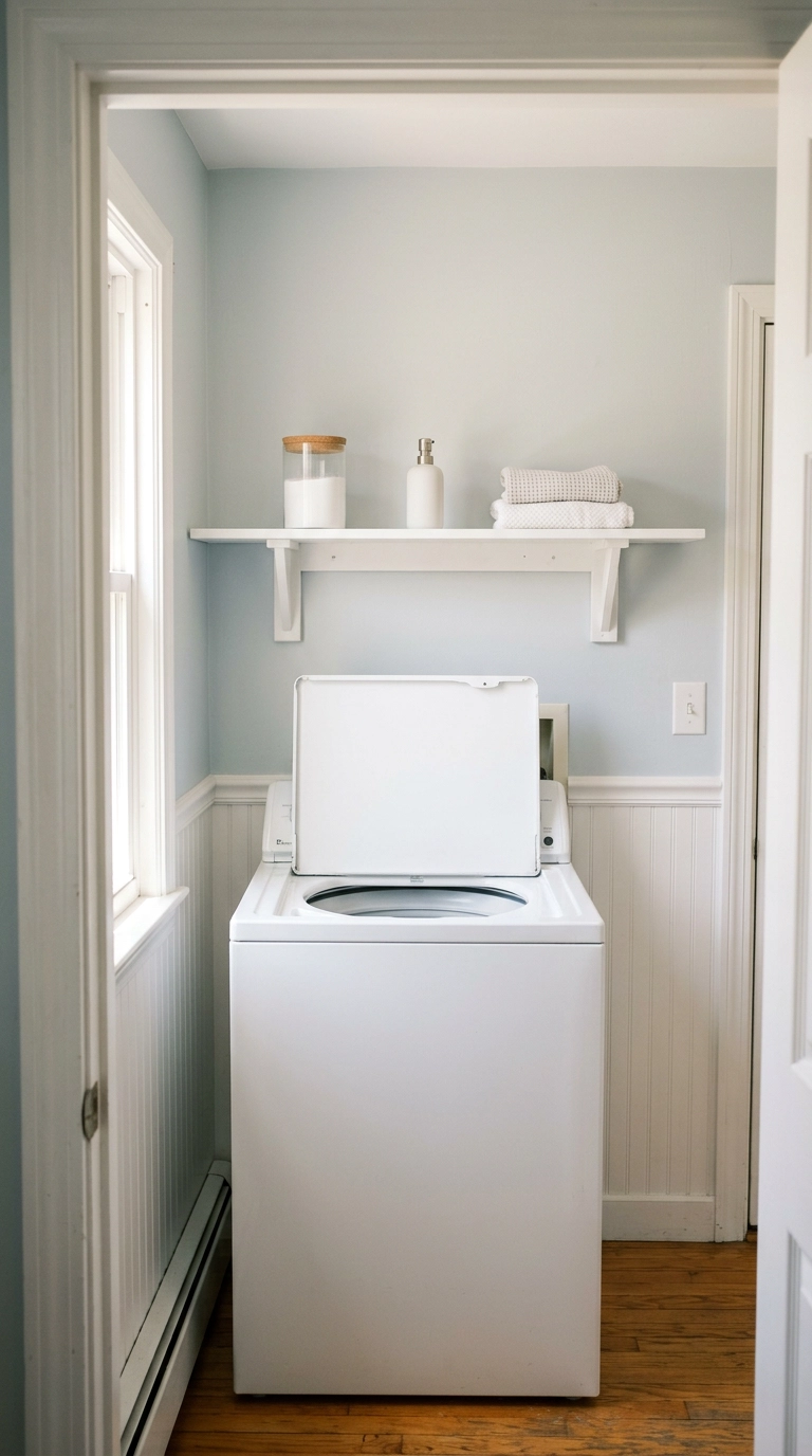 Single high white shelf above a top-loading washer with the lid propped fully open