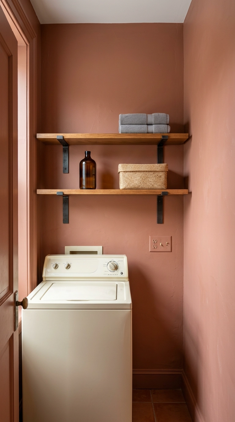 Ash wood shelves on black steel brackets above a cream top-loading washer