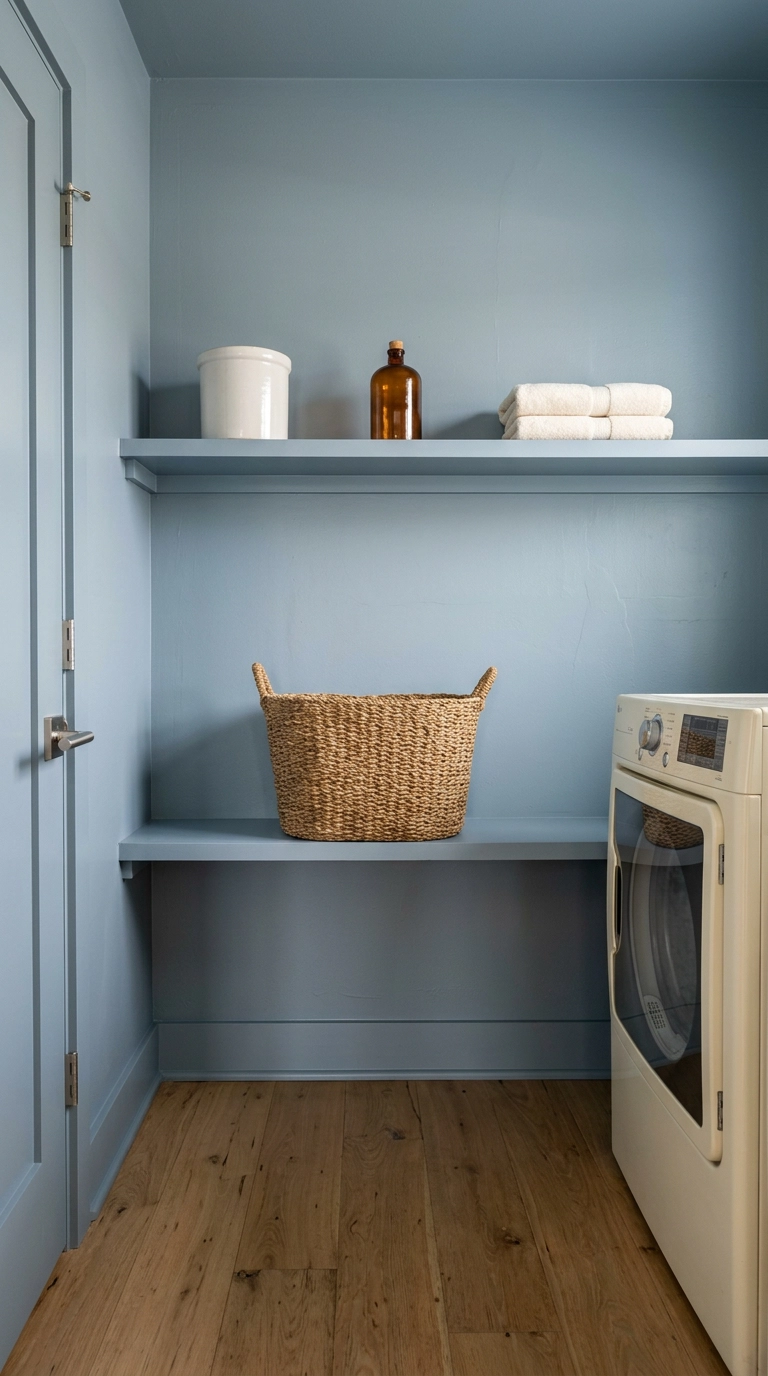 Blue-grey laundry shelves with one large seagrass basket on the lower shelf