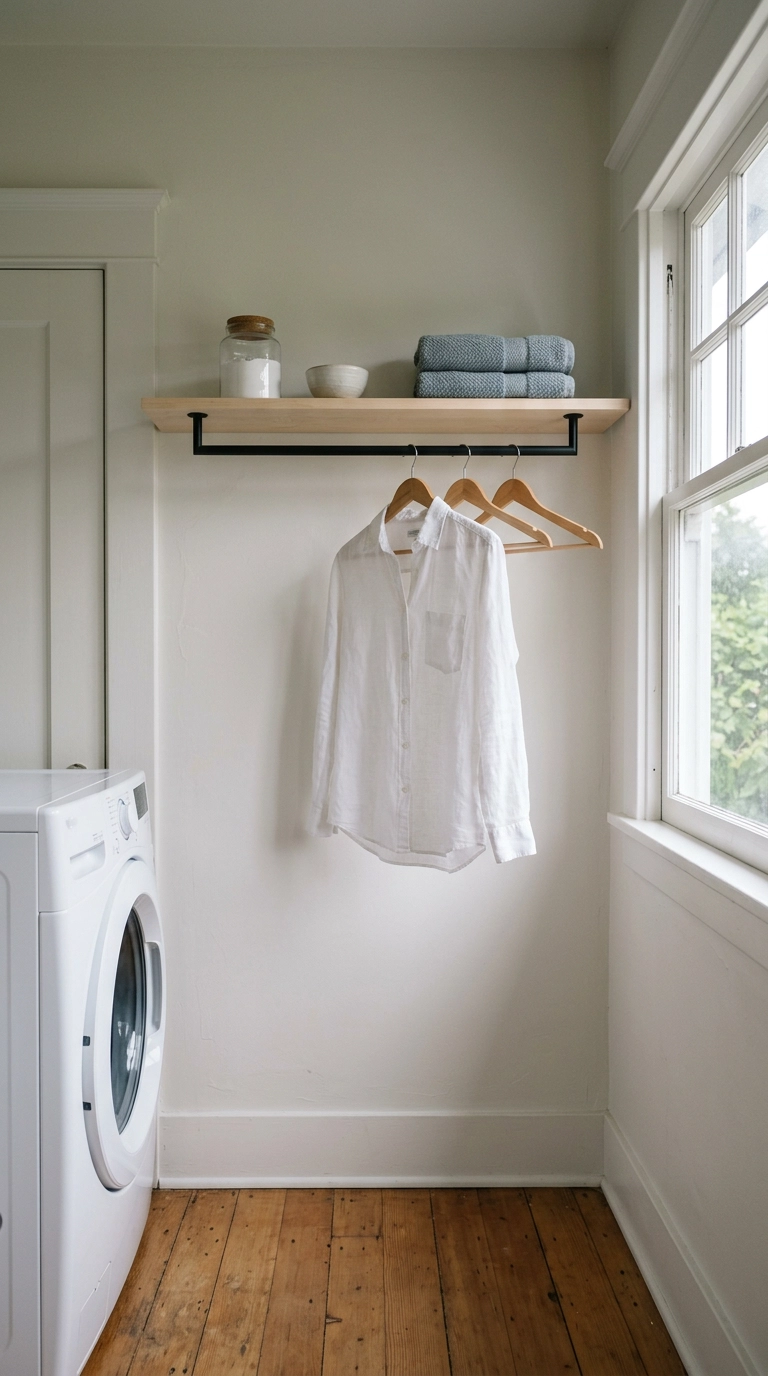 Black hanging rod mounted under a birch laundry shelf with three wooden hangers