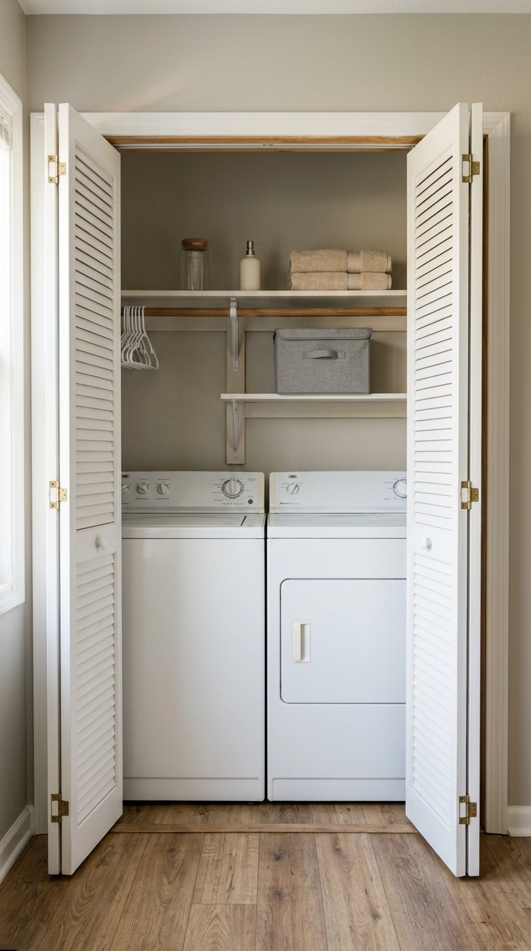 Two white shelves stacked above a stacked washer and dryer behind open louvered bifold doors