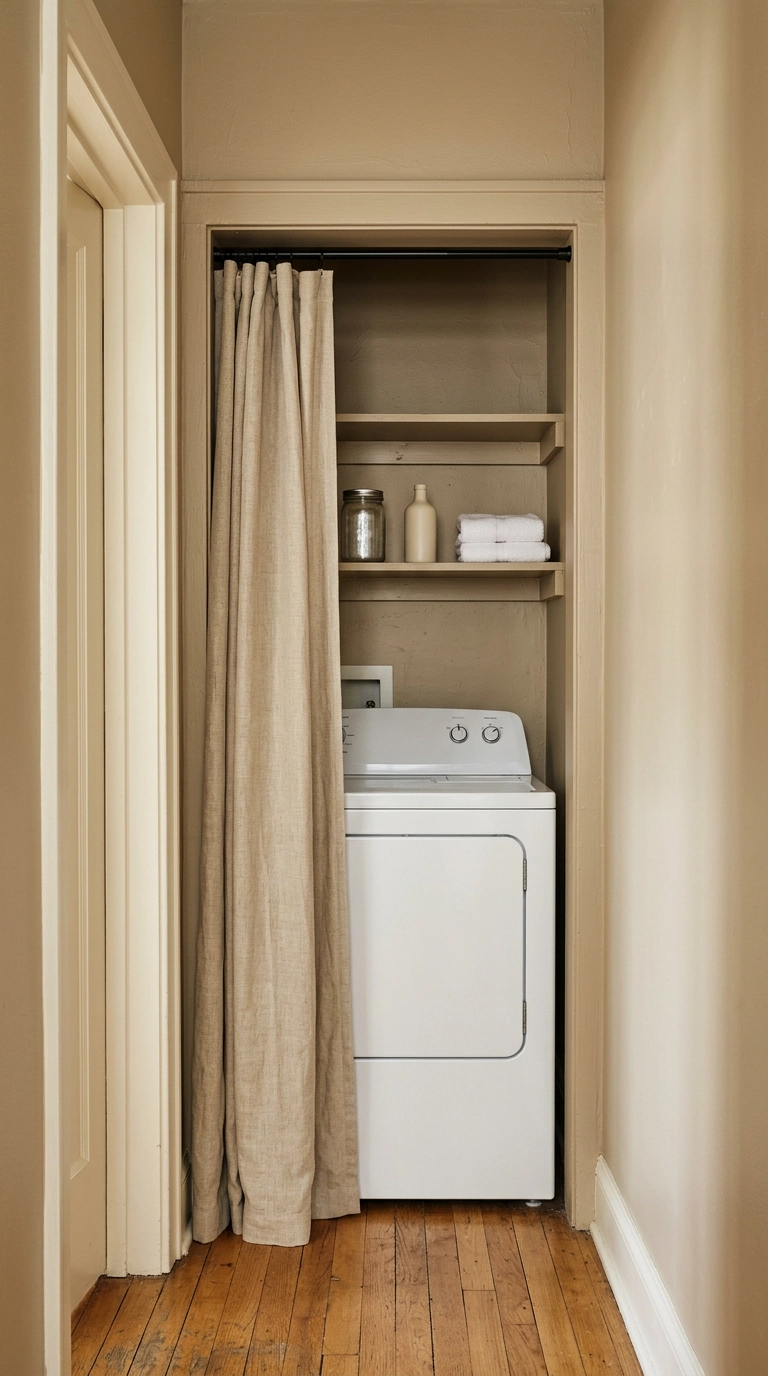 Laundry alcove with two shelves and a linen curtain pushed to one side