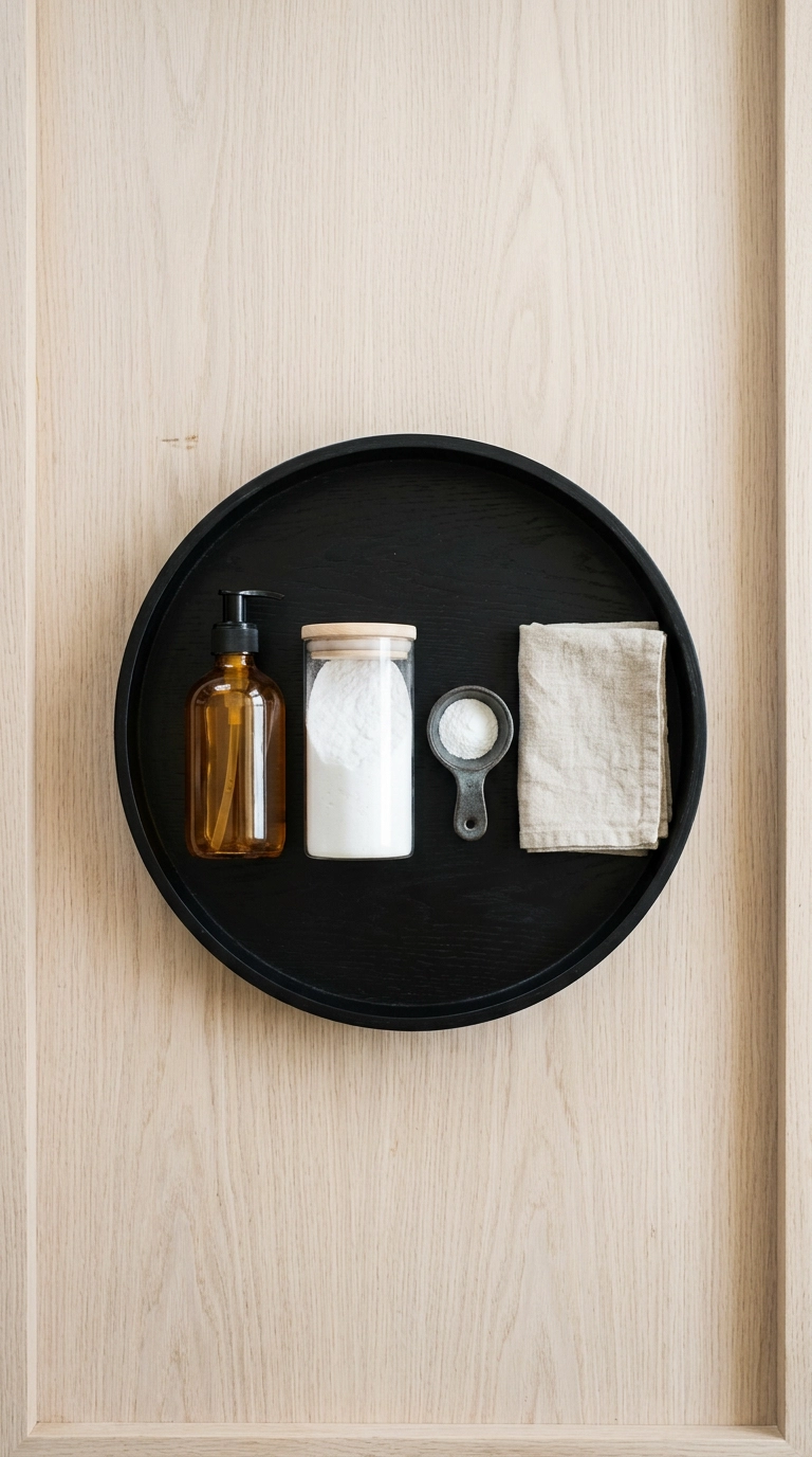 Overhead view of unlabeled amber and clear glass laundry containers on a black tray