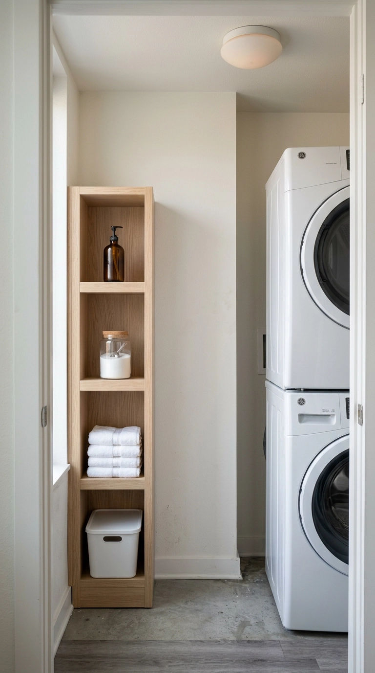 Narrow floor-to-ceiling oak shelf tower beside a stacked apartment washer and dryer