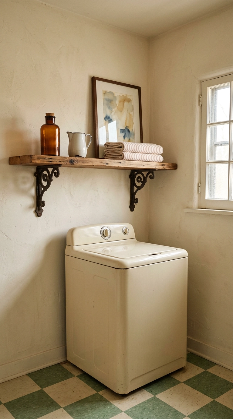 Thick reclaimed chestnut shelf on ornate cast-iron brackets in a vintage laundry room