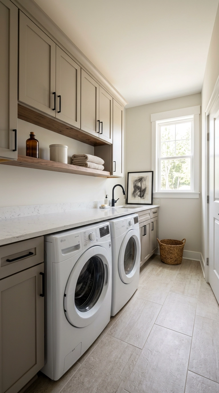 Taupe upper cabinets with one walnut open shelf below in a transitional laundry room