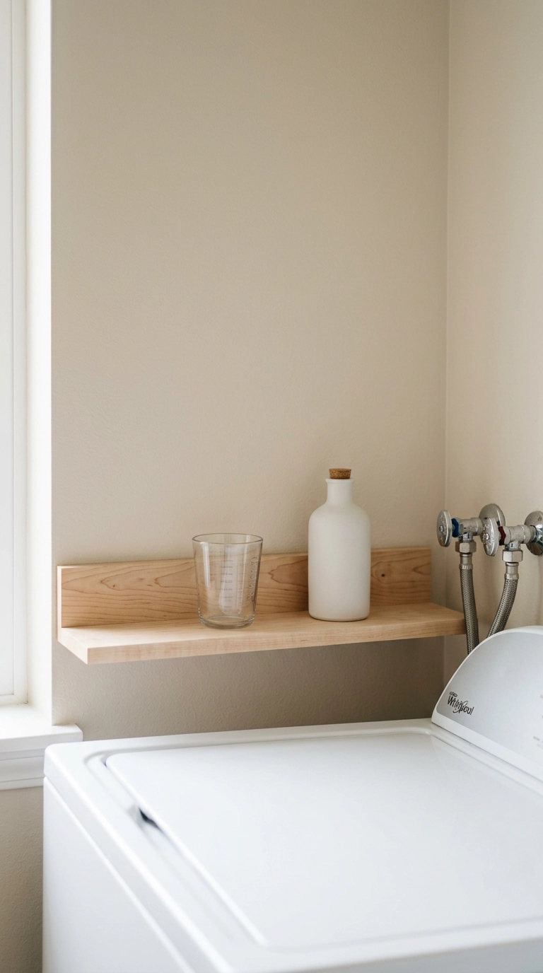 Shallow maple ledge shelf mounted low on the wall behind a top-loading washer