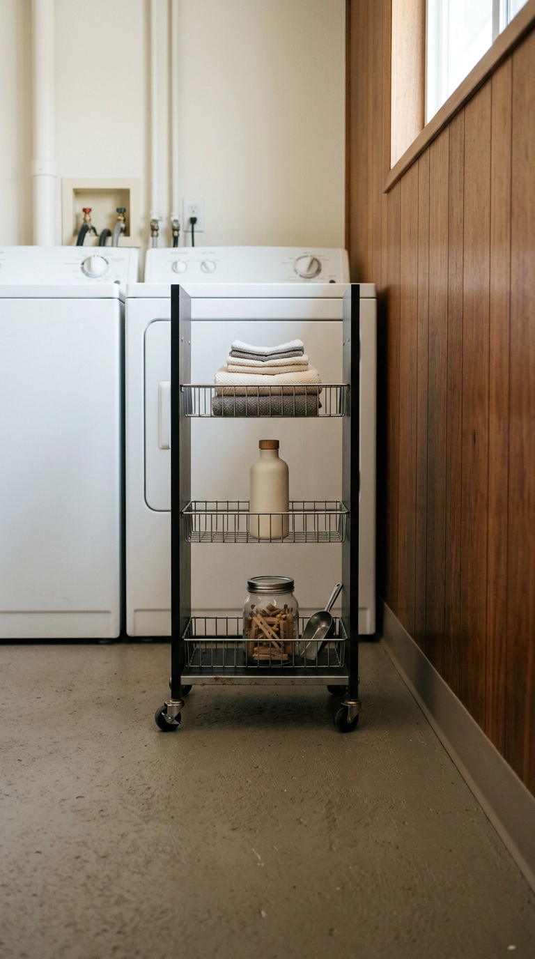 Narrow rolling cart pulled out of the gap between a washer and dryer