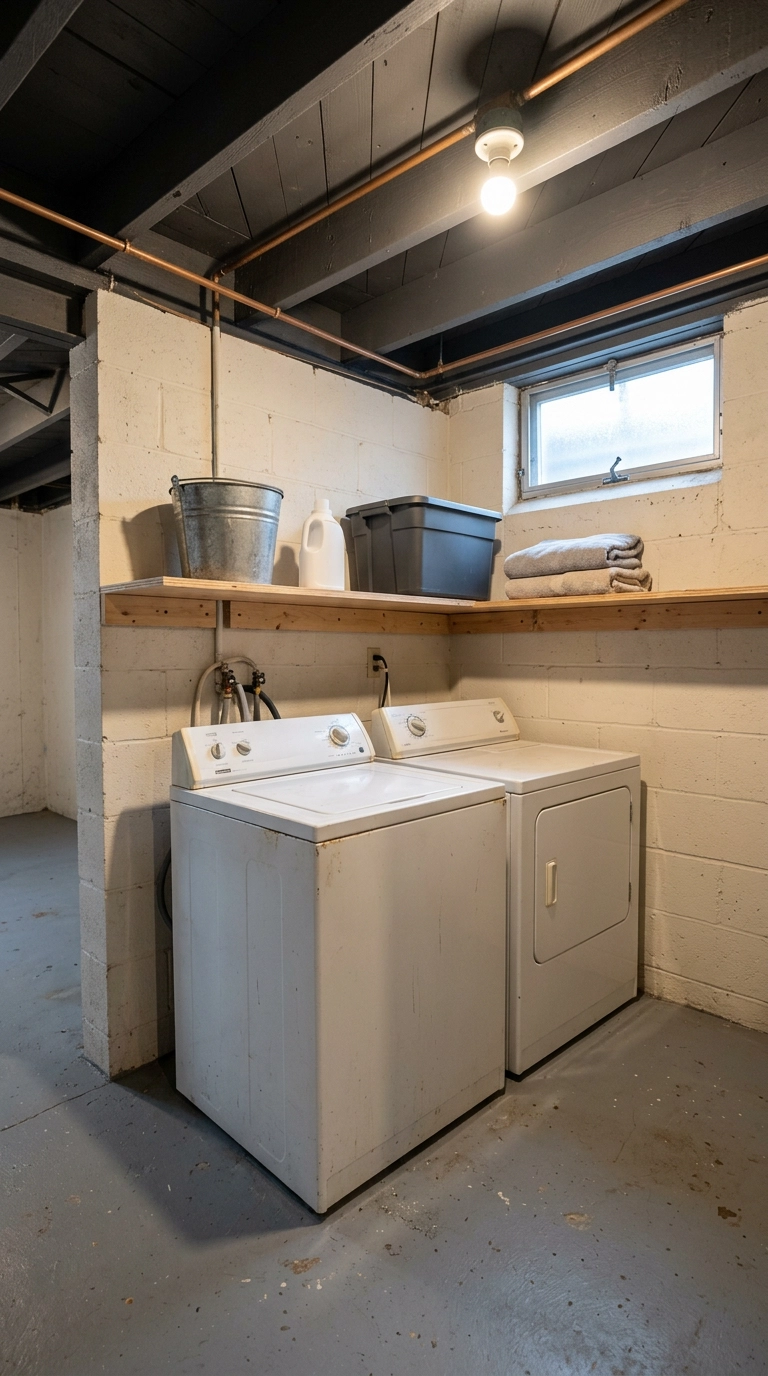 Sealed plywood shelving on a ledger board in a basement laundry with exposed painted joists