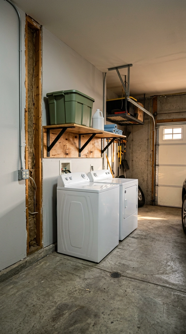 Sealed birch plywood shelving on steel brackets above a garage washer and dryer