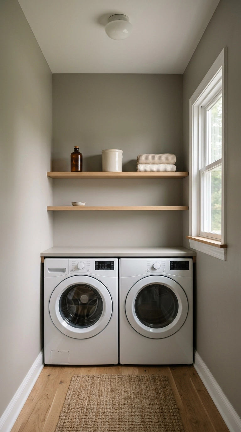 Two white oak floating shelves above a white front-load washer and dryer in a greige laundry room