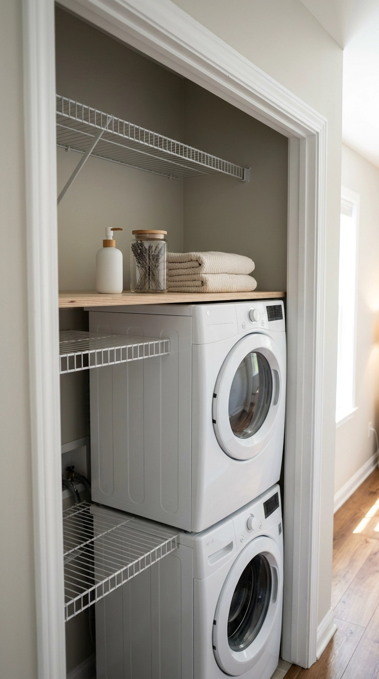 Birch plywood board laid over white wire shelving in a laundry closet
