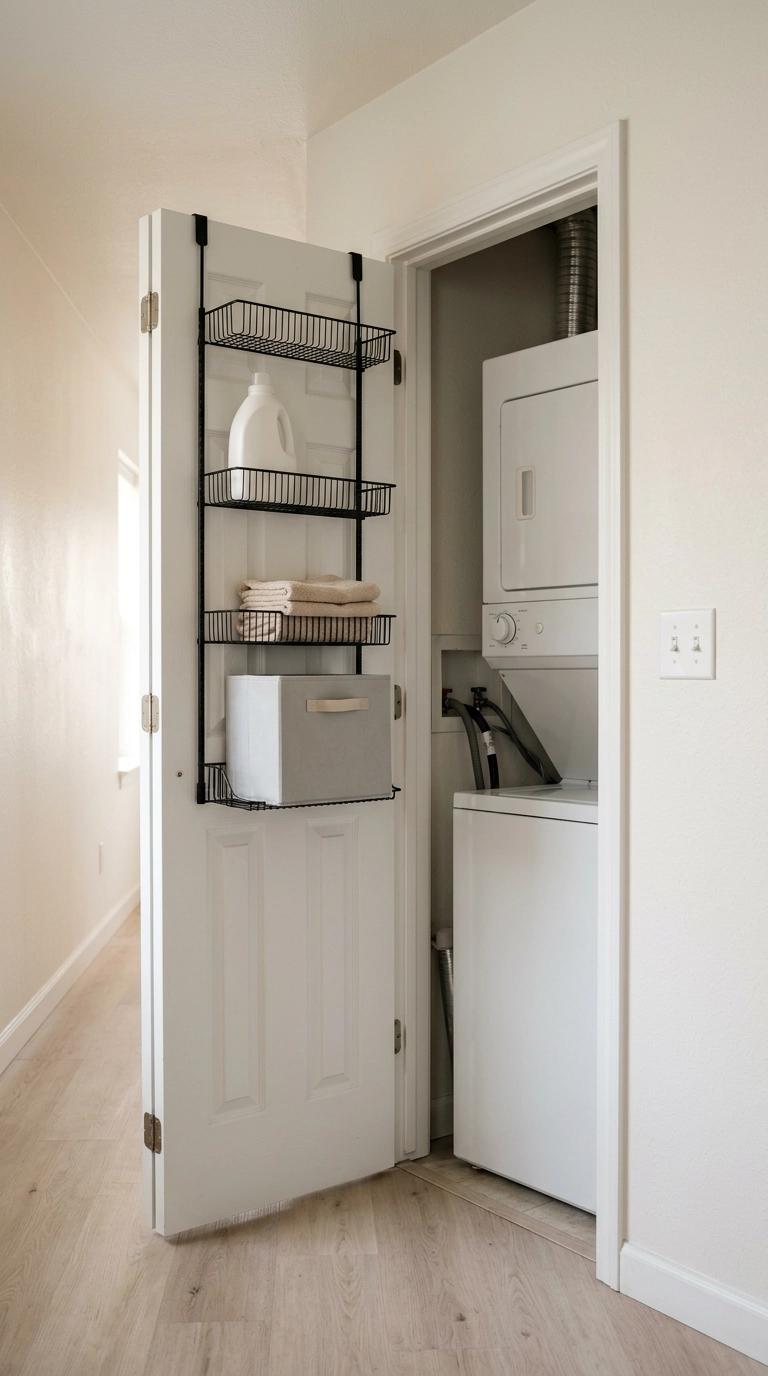 Black wire over-the-door rack on an open bifold laundry closet door