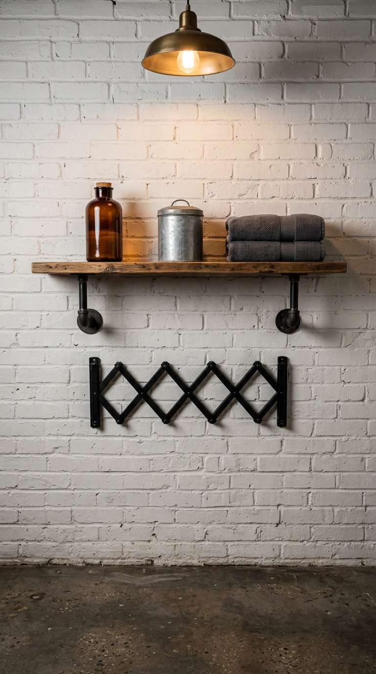 Black accordion drying rack folded flat on a brick wall under a reclaimed pine shelf