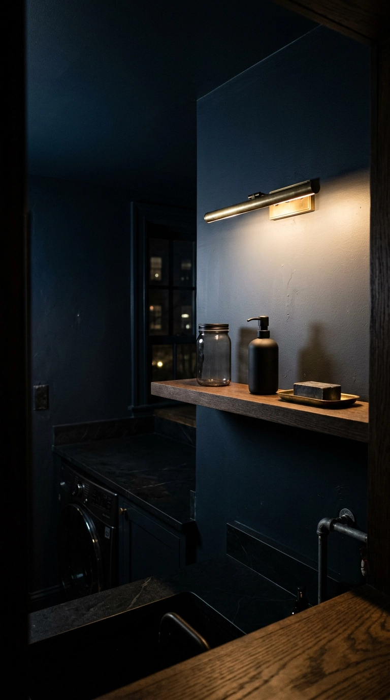 Brass picture light glowing over a dark oak shelf in an ink blue laundry room
