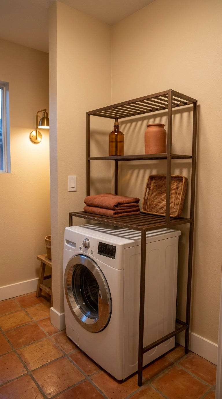 Bronze freestanding shelving unit standing over a white front-loading washer