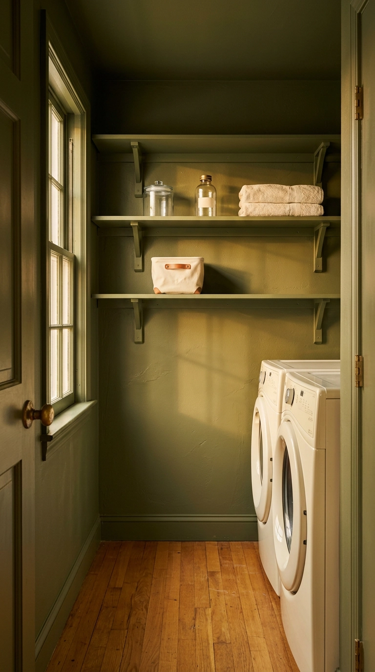 Small laundry room with shelves brackets and walls all painted deep olive green