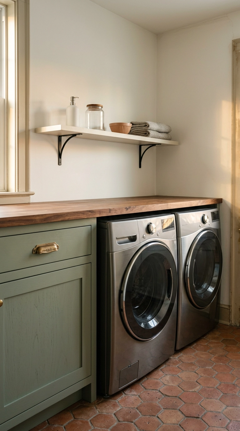 Walnut butcher block counter over front-load machines with one bone-white shelf above