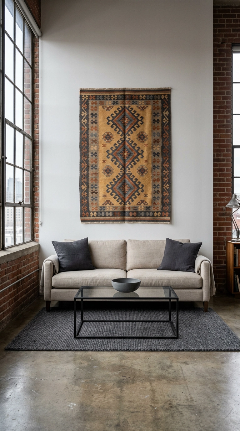 Saffron kilim flatweave rug hung as wall art above a linen sofa in a loft living room