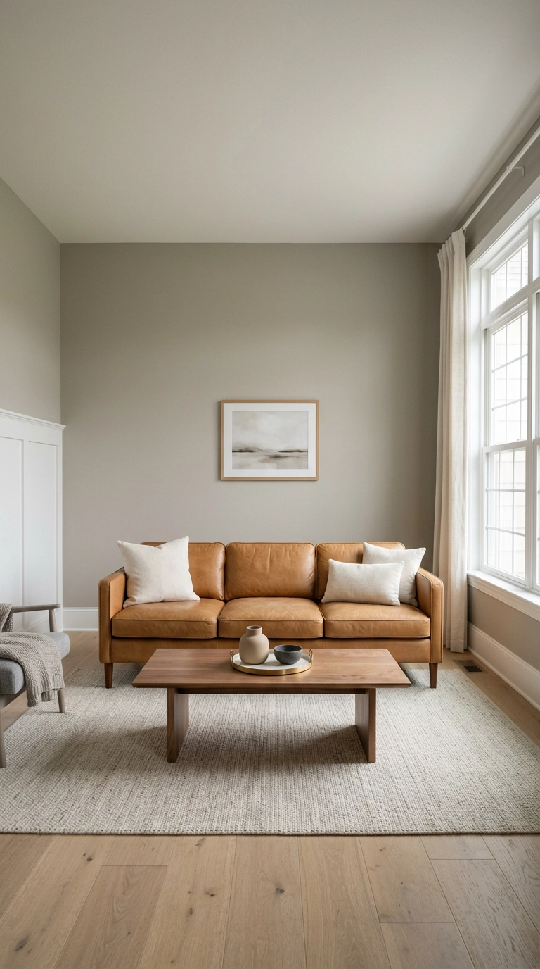 Large oatmeal flatweave rug under a camel leather sofa in a greige transitional living room