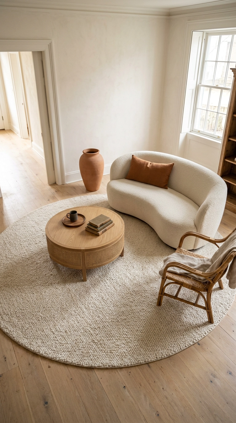 Large round ivory wool rug under a curved bouclé loveseat in a boho living room