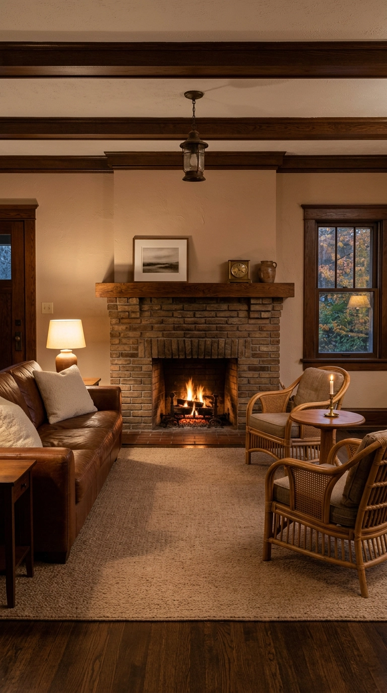 Camel wool rug centered on a brick fireplace in a craftsman living room