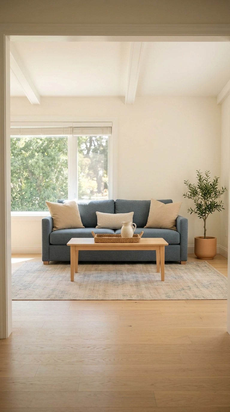 Faded sand and blue washable rug in a bright coastal ranch living room