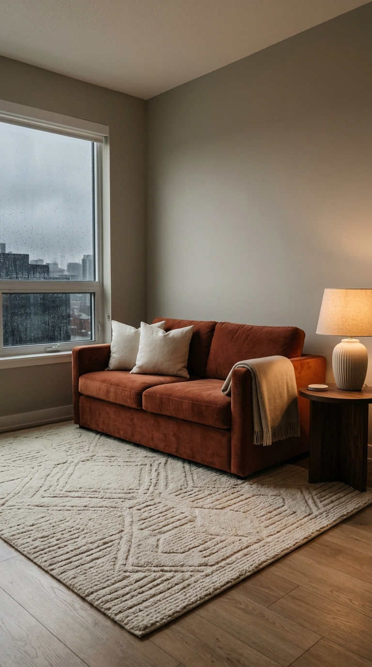 Cream high-low pile rug with carved texture under a rust velvet sofa in a condo living room