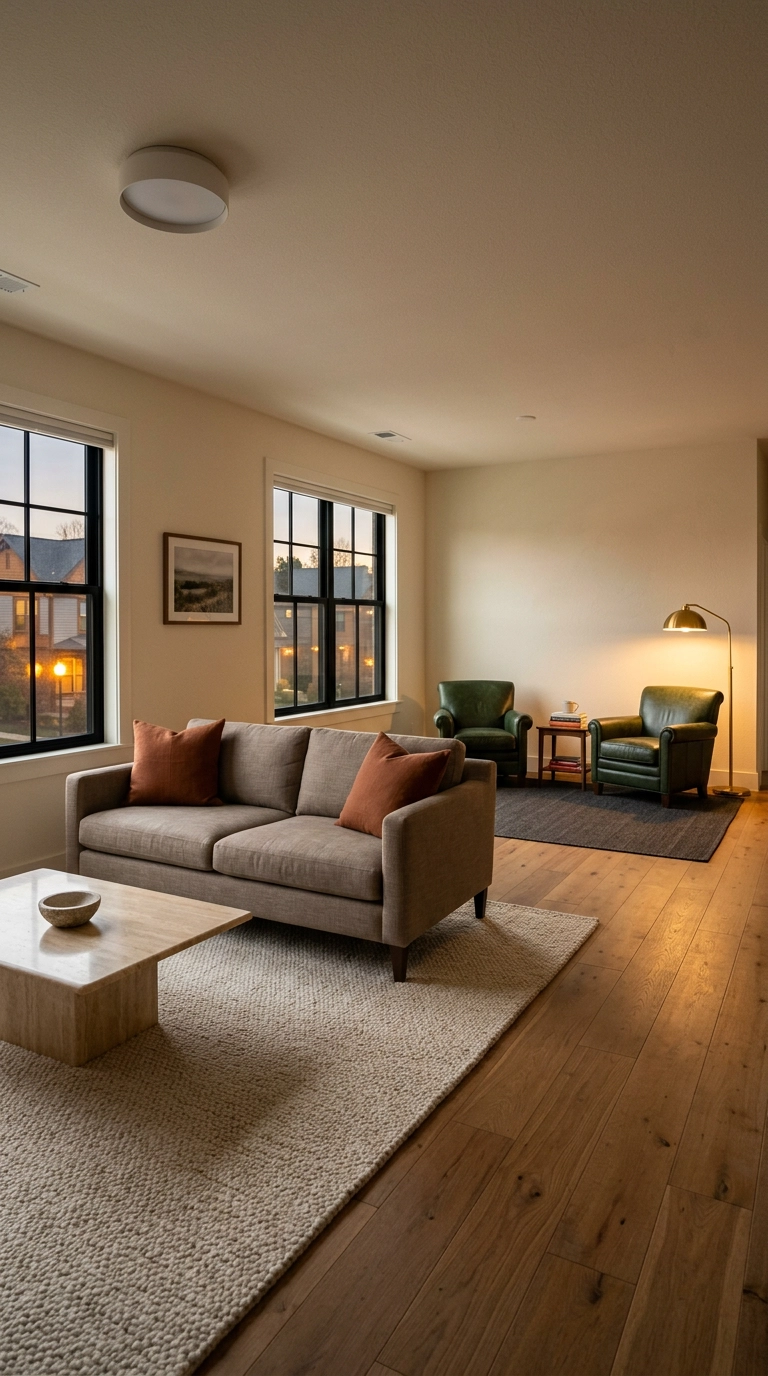 Two rugs defining separate seating and reading zones in a long condo living room