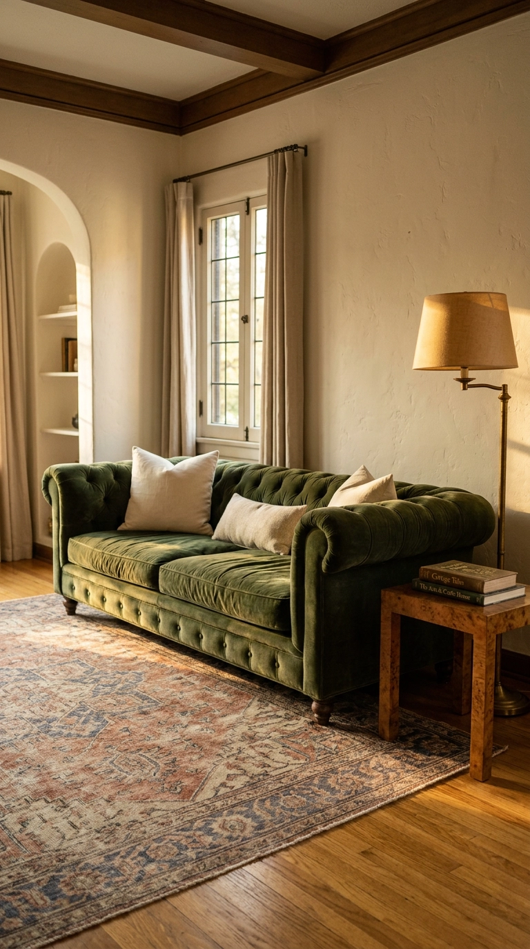 Faded vintage Persian rug in rust and indigo under a green velvet sofa in a cottage living room