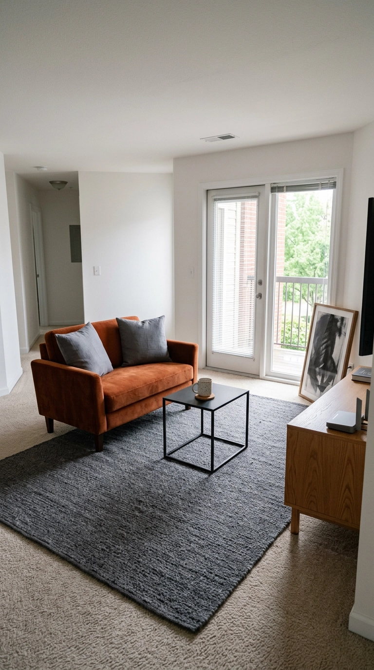 Large charcoal flatweave rug covering builder-beige rental carpet in an apartment living room