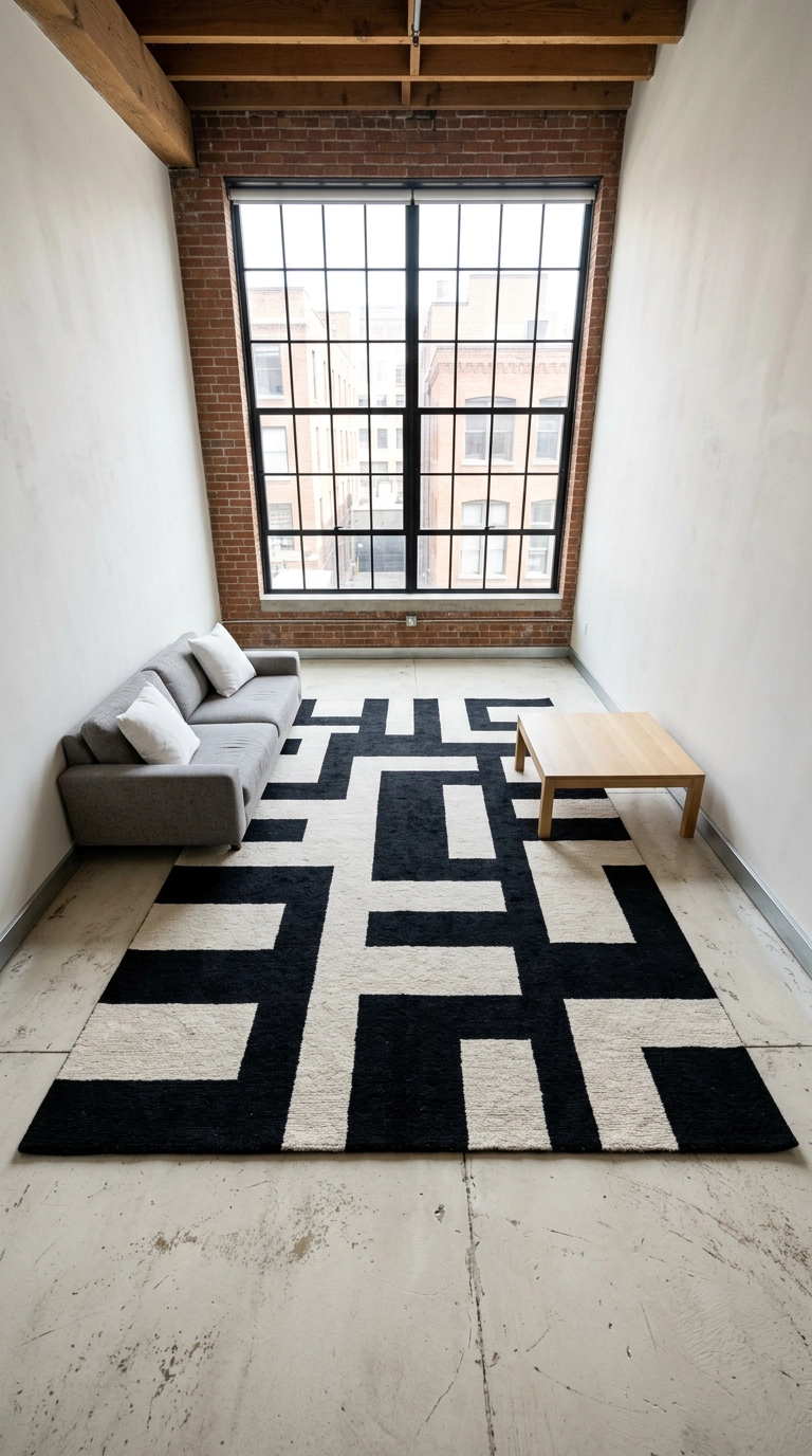 Bold black and ivory graphic wool rug in a minimalist loft living room