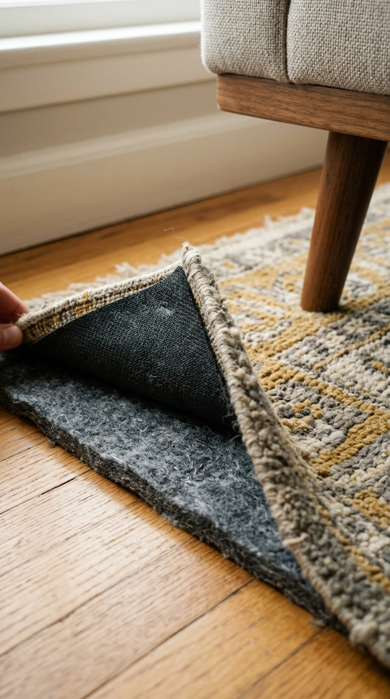 Close-up of a felt rug pad under a mustard wool rug in a mid-century living room
