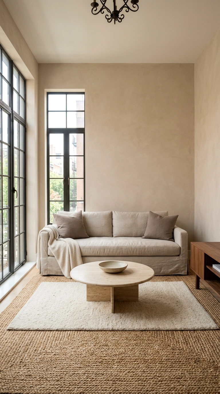Cream wool rug layered over a large jute rug in a warm minimalist living room
