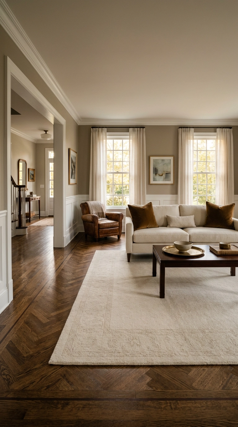 Ivory hand-knotted wool rug with tonal border in a refined transitional living room