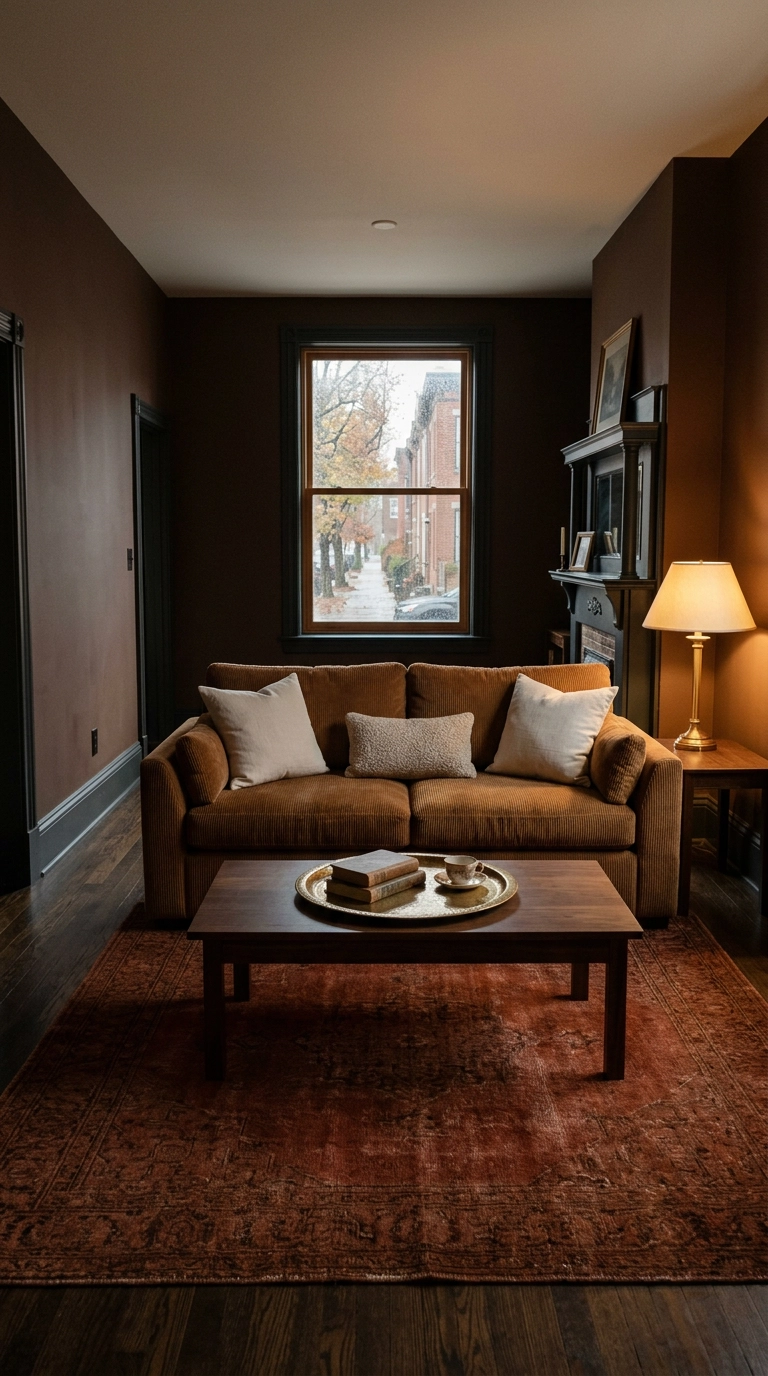 Deep rust overdyed vintage rug warming a north-facing cocoa brown living room