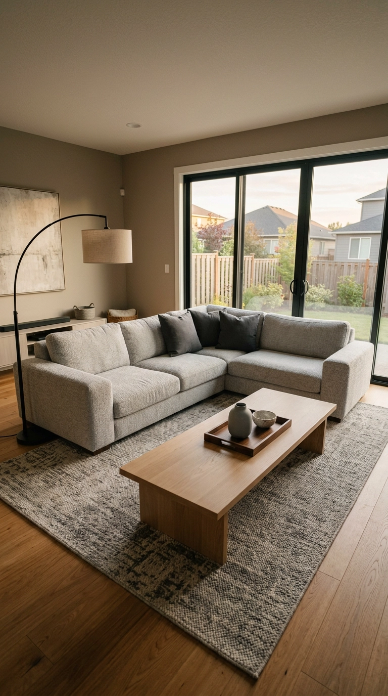 Oversized grey wool rug running the full length of an L-shaped sectional in a modern living room