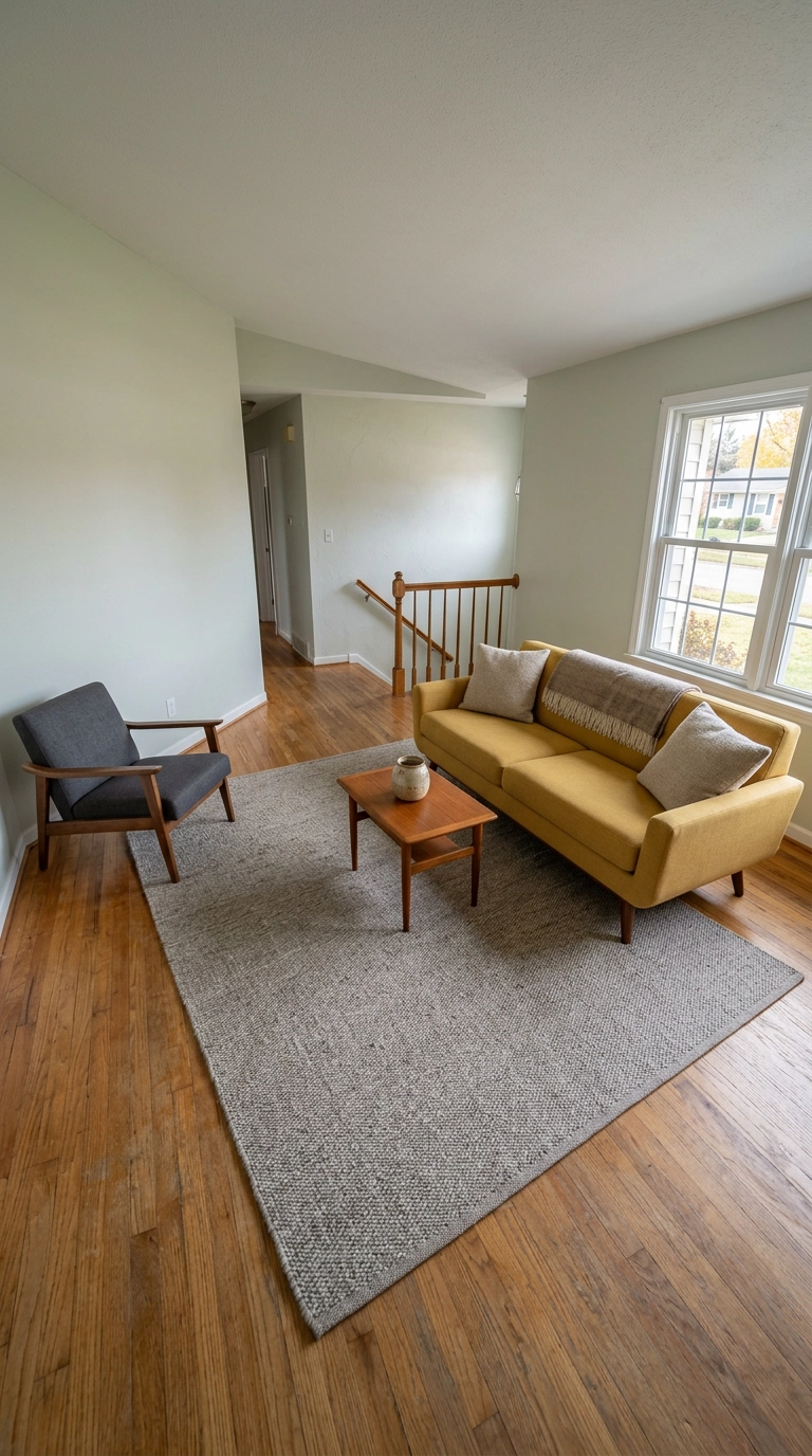 Grey flatweave rug laid diagonally in an angled split-level living room