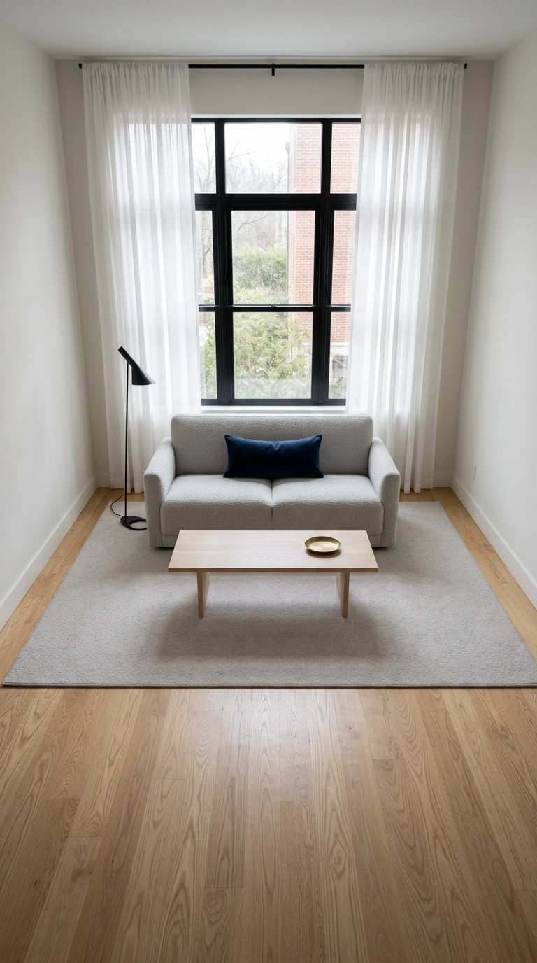 Pale grey wool rug centered with even bare floor border in a Scandinavian living room