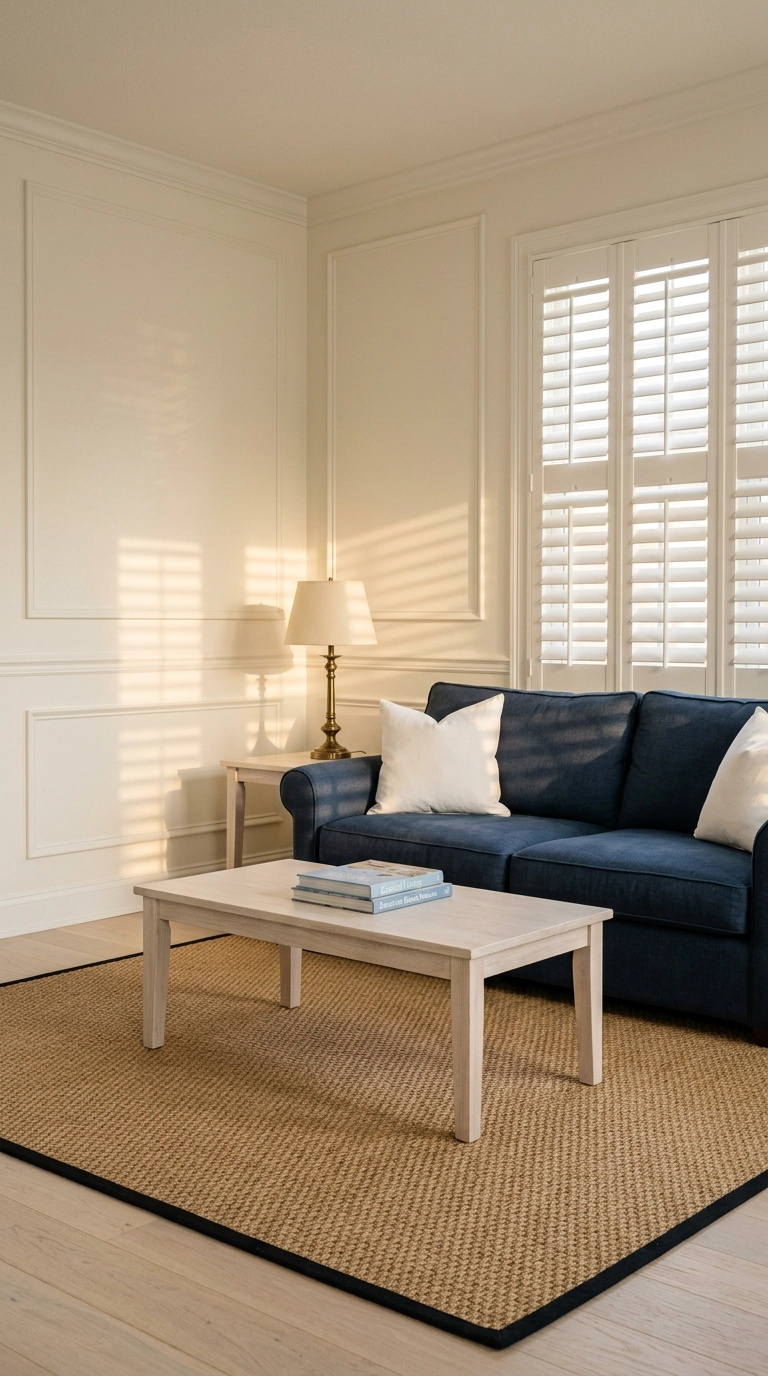Wheat sisal rug with black border under a navy linen sofa in a coastal living room
