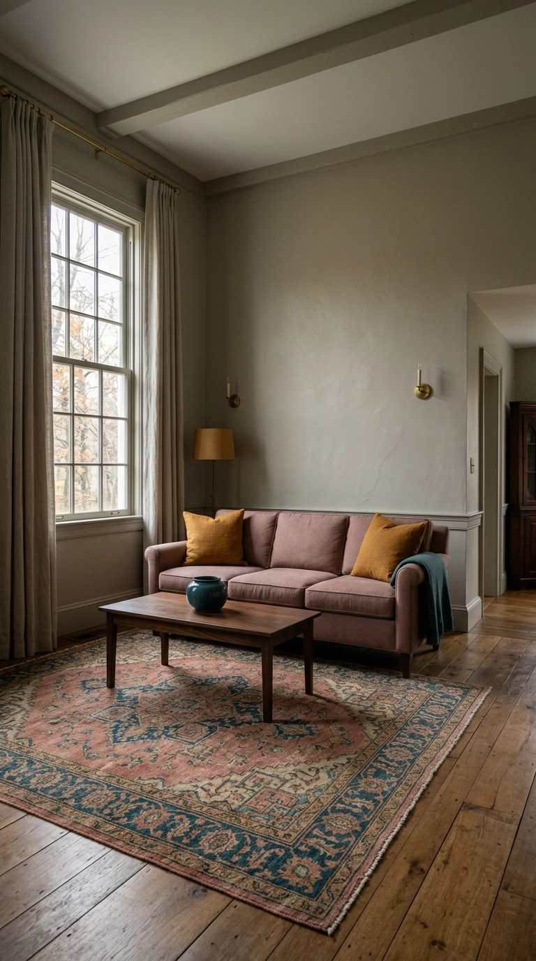 Faded rose and teal wool rug setting the color palette in a moody transitional living room