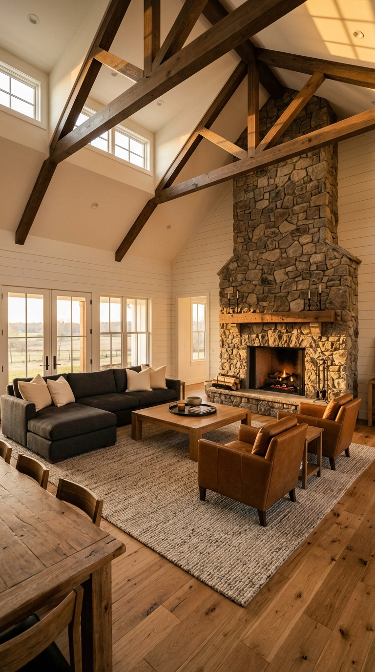 Oversized wool rug with all furniture legs on it in an open-plan farmhouse living room
